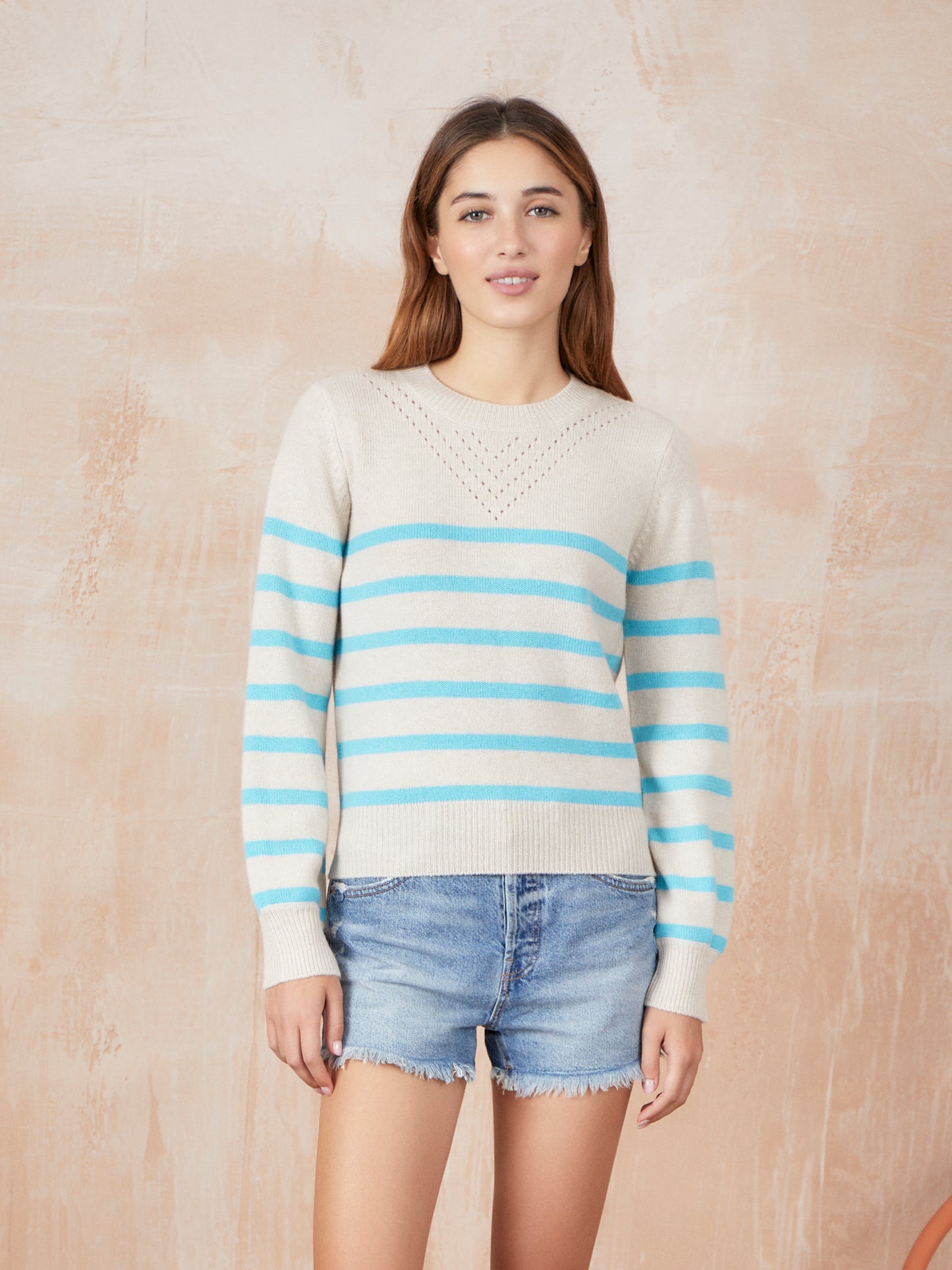 Lacey Stripe Pointelle Yoke Crew