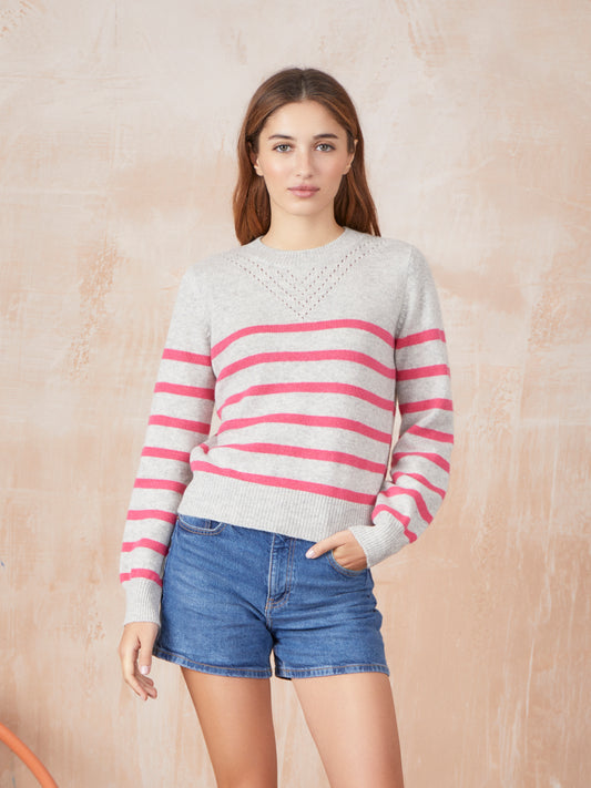 Lacey Stripe Pointelle Yoke Crew