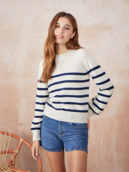 Lacey Stripe Pointelle Yoke Crew