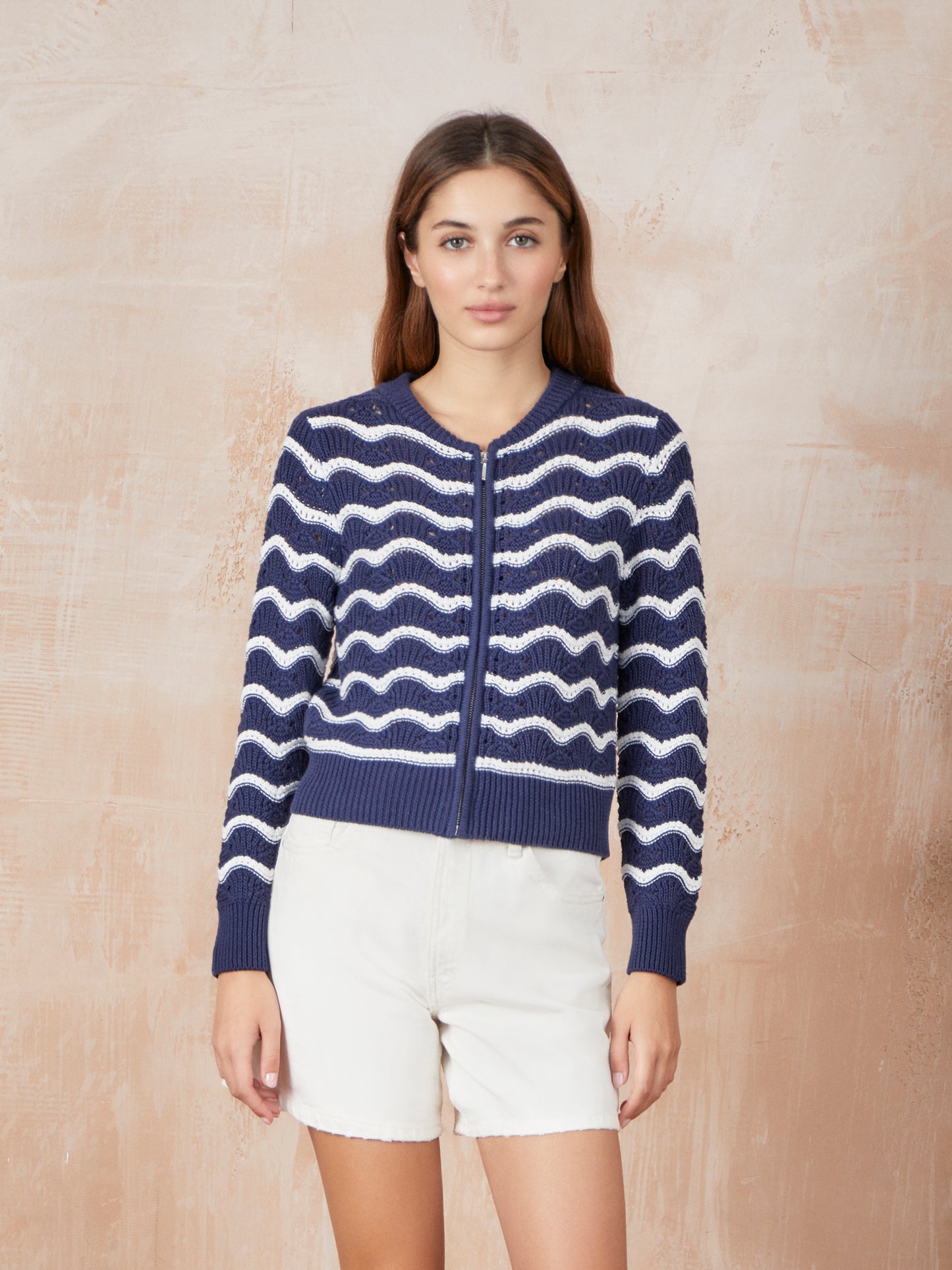 Eliza Wave Pointelle Stripe Zip Bomber